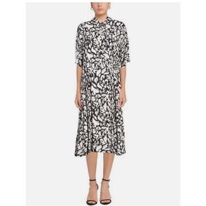 Stine Goya Short Sleeve Collar Neck Button Front Midi Dress White Black Size XS